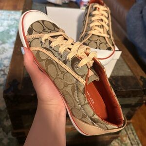 Coach Tan and Cream Canvas Sneakers with Red Trim